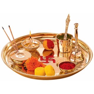                       Pure Brass Decorative Puja Thali / Plate Set for Temple, Home, Office, Festival and Diwali (Gold, 10 Inch)                                              