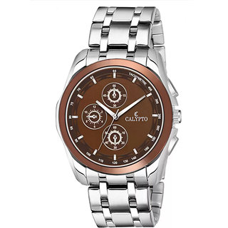 CALYPTO Silver Chain with Brown Dial Day Date Feature Analog Wrist Watch for Boys/Men