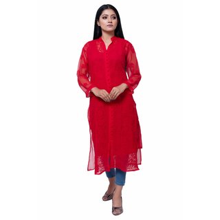 WOMEN'S LUCKNOWI CHIKAN EMBROIDERY FRONT OPEN KURTI (LONG)