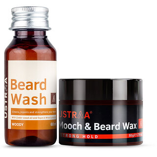 Ustraa Beard  Mooch Wax - Strong Hold - 50g and Beard Wash Woody - 60ml
