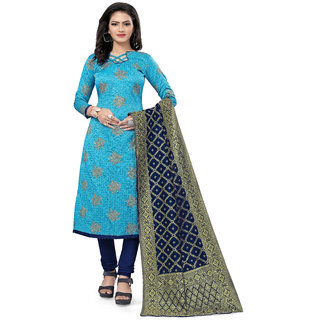                       Fab Kudi Women's Sky Blue Banarasi Silk Woven Printed Dress material (Unstitched)                                              