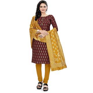                      Fab Kudi Women's Maroon Banarasi Silk Woven Printed Dress material (Unstitched)                                              