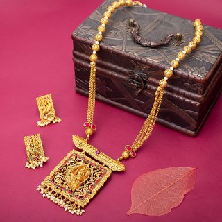 Sukkhi Spectacular Pearl Gold Plated Goddess Temple Jewellery Long Haram Necklace Set for Women
