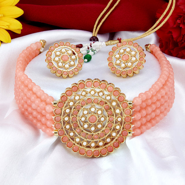 Sukkhi Attractive CZ Rose Gold Plated Choker Necklace Set for Women 