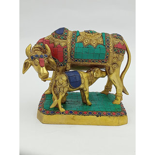                       Arihant Craft Cow N Calf Idol Statue Sculpture Turquoise Stone Hand Work Showpiece  15 cm (Brass, Multicolour)                                              