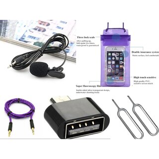 Combo of Collar Mic Waterproof Mobile Pouch Aux Cable OTG And 2 SIM Ejector Pin by Lazywindow