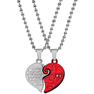                       Sullery Valentine Gift  I Love You Engraved Couple Heart Lock Key Stylish Set Combo Red Silver Metal Pendant                                              