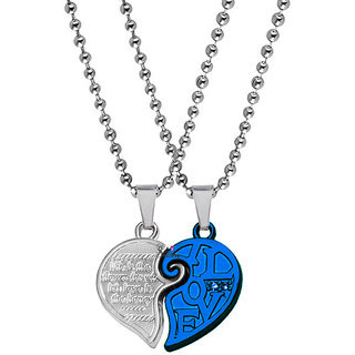                       Sullery Valentine Gift  I Love You Engraved Couple Heart Lock KeyBlue Silver Metal Pendant                                              