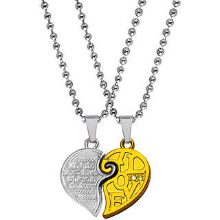                       Sullery Valentine Gift  I Love You Engraved Couple Heart Lock Key Stylish Set Combo Gold Silver Metal Pendant                                              