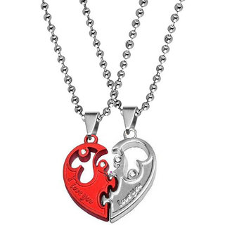                       Sullery Valentine Gift  I Love You Engraved Heart Dual Couple Locket Chain For Red Silver Metal Pendant                                              