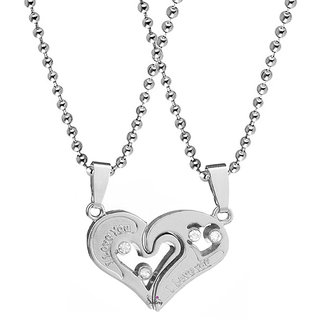                       Sullery Valentine Gift  I Love You Engraved Heart Dual Couple Locket1 Pair Silver Metal Pendant                                              