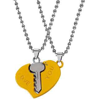                       Sullery Valentine Gift I Love You Engraved Heart  Key F Dual Couple Locket 1 Pair For His And Her  Gold Silver Metal                                              