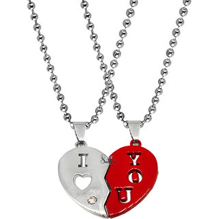                       Sullery Valentine Gift  Love You Engraved Heart Dual Couple Locket 1 Pair For His And Her For Red Silver Metal Pendant                                              