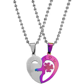                       M Men Style Valentine Gift I Love You Flower Key Heart Couple Couple Locket 1 Pair Multicolor Stainless Steel Pendant                                              