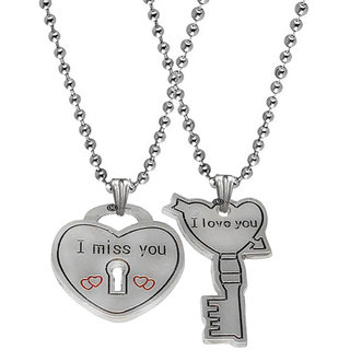                       M Men Style Valentine Gift I Miss You Couple Heart And Key Couple Locket 1 Pair For His And Her Silver Metal Pendant                                              