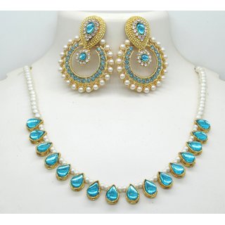                       Sky blue Tilak Pearl Beads Polki Necklace set                                              