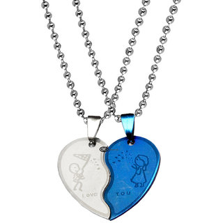                       M Men Style Valentine Gift  Love You  Broken Heart Couple Couple Locket Blue Silver Stainless Steel Pendant                                              