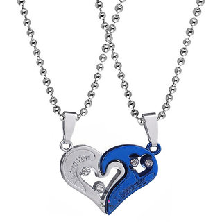                       Sullery Valentine Gift  I Love You Engraved Heart Dual Couple  r For Blue Silver Metal Pendant                                              