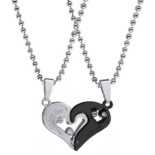                       Sullery Valentine Gift  I Love You Engraved Heart Dual Couple Locket  For Black Silver Metal Pendant                                              