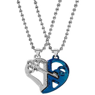                       Sullery Valentine Gift  1314  520 Engraved Heart  Key Dual Couple Locket  r Blue Silver Metal Pendant                                              