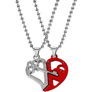                       Sullery Valentine Gift  1314  520 Engraved Heart  Key Dual Couple Locket  r Red Silver Metal Pendant                                              