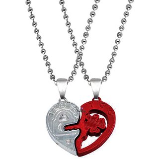                       Sullery Valentine Gift  I Love You Engraved Heart lock   Key Flower Dual Couple Locket  Red Silver Metal Pendant                                              
