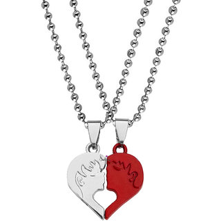                       Sullery Valentine Gift  Kissing Couple Engraved Heart  Dual Couple Locket r vRed Silver Metal Pendant                                              