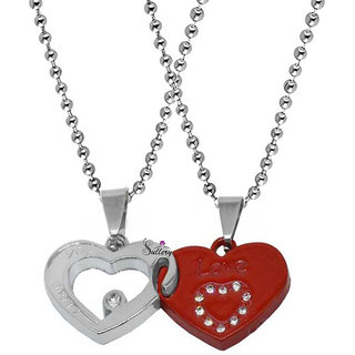                       Sullery Valentine Gift   I Love You Engraved Heart Dual Couple Locket Unisex r Red Silver Metal Pendant                                              