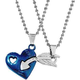                       Sullery Valentine Gift  Love You Heart  Arrow Engraved Heart Dual Couple Locket r Blue Silver Metal Pendant                                              
