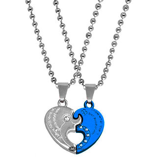                       Sullery Valentine Gift   Love You Heart Engraved Heart Dual Couple Locket Unisex r Blue Silver Metal Pendant                                              