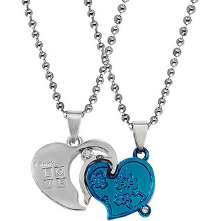                       M Men Style Valentine Gift  Love You Flower Heart  Arrow Engraved Heart Dual Couple Locket Blue Silver Metal Pendant                                              