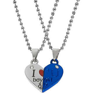                       M Men Style Valentine Gift  I Love You Heart  Arrow Engraved Heart  Dual Couple Locket   Blue Silver Metal Pendant                                              