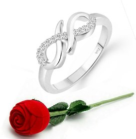 VFJ Stylish (CZ) Rhodium Plated  Ring with Scented Velvet Rose Ring Box for women and girls and your Valentine.