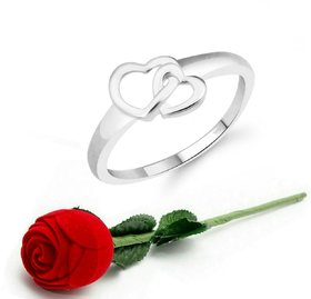 VFJ Cute Double Heart CZ Rhodium Plated Ring   with Scented Velvet Rose Ring Box for women and girls and your Valentine.