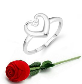 VFJ Cute  Heart CZ Rhodium Plated Ring   with Scented Velvet Rose Ring Box for women and girls and your Valentine.