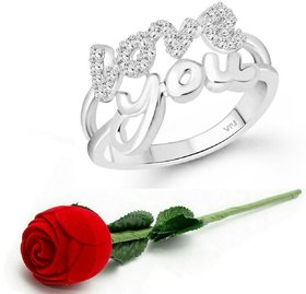 Vighnaharta Valentine message Love  (CZ) Rhodium Plated  Ring Rose Ring