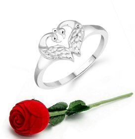VFJ Cute Mayur Heart CZ Rhodium Plated Ring   with Scented Velvet Rose Ring Box