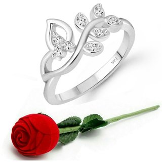                       Vighnaharta  Pressing Leaf (CZ) Rhodium Plated  Ring Rose Ring                                              