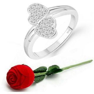                       VFJ  Glory Double Heart Rhodium Plated (CZ)  Ring with Scented Velvet Rose Ring Box                                              
