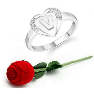                       VFJ cz alloy Rhodium plated Valentine collection Initial '' V '' Letter in heart ring                                              
