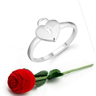                       VFJ Stylish Lock Heart Ring CZ Rhodium Plated Alloy Ring  with Scented Velvet Rose Ring Box                                              