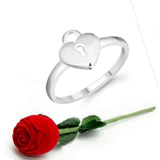 VFJ Stylish Lock Heart Ring CZ Rhodium Plated Alloy Ring with Scented Velvet Rose Ring Box VFJ Stylish Lock Heart Ring CZ Rhodium Plated Alloy Ring with Scented Velvet Rose Ring Box