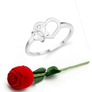                       VFJ Cute Butterfly Heart CZ Rhodium Plated Ring   with Scented Velvet Rose Ring Box                                              
