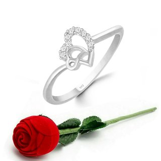                       VFJ Diamond studded Cute  Heart CZ Rhodium Plated Ring   with Scented Velvet Rose Ring Box                                              