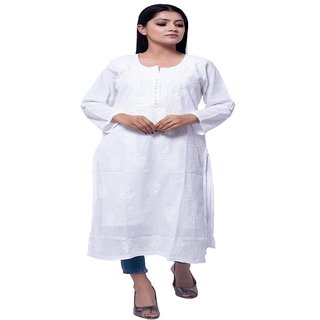                       WOMEN'S PURE COTTON KURTA WITH EXCLUSIVE ROSE DESIGN LUCKNOWI CHICKAN EMBROIDERY KURTA                                              