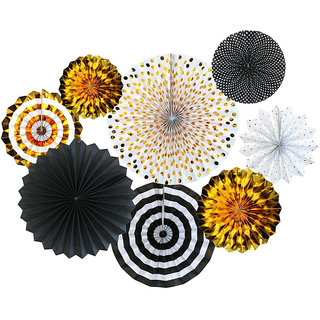                       Hippity Hop Gold  Black Party Fans Party Decoration Materials Round Paper Fans Pinwheel Decoration Pack of 8                                              
