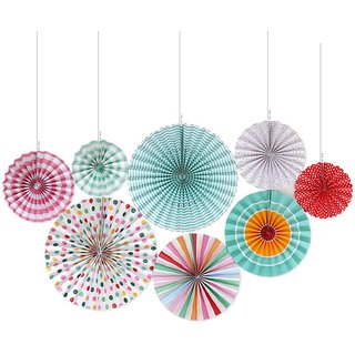                       Hippity Hop Polka dot Multicolor Party Fans Party Decoration Materials Round Paper Fans Pinwheel Decoration Pack of 8                                              