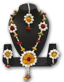 Vrinda Floral Jewellery Red and White Necklace, Earring  Maang Tikka Set