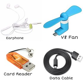 DMD Combo Pack Of 4 (Data Cable,Micro Usb Card Reader,Earphone,V8 Mini Fan)