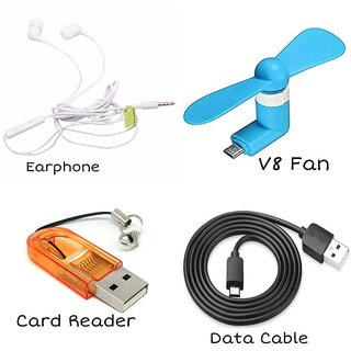 DMD Combo Pack Of 4 (Data Cable,Micro Usb Card Reader,Earphone,V8 Mini Fan)